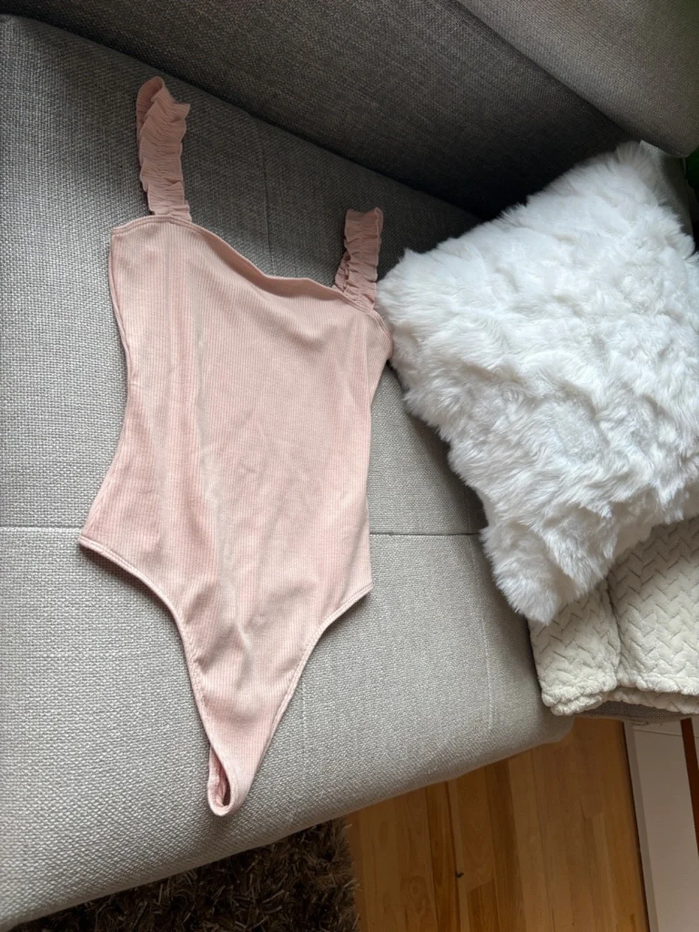 Sunday Best Soft Pink Ribbed One-Piece with Ruffle Straps - Picture 3 of 8